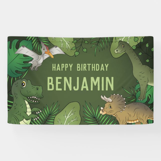 Banderoles Dinosaures sur Green Cute Kid's Happy Birthday (Horizontal)