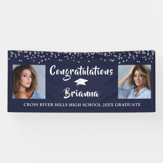 Banderoles Diplôme Argent Confetti Script Photo Marine Blue (Horizontal)