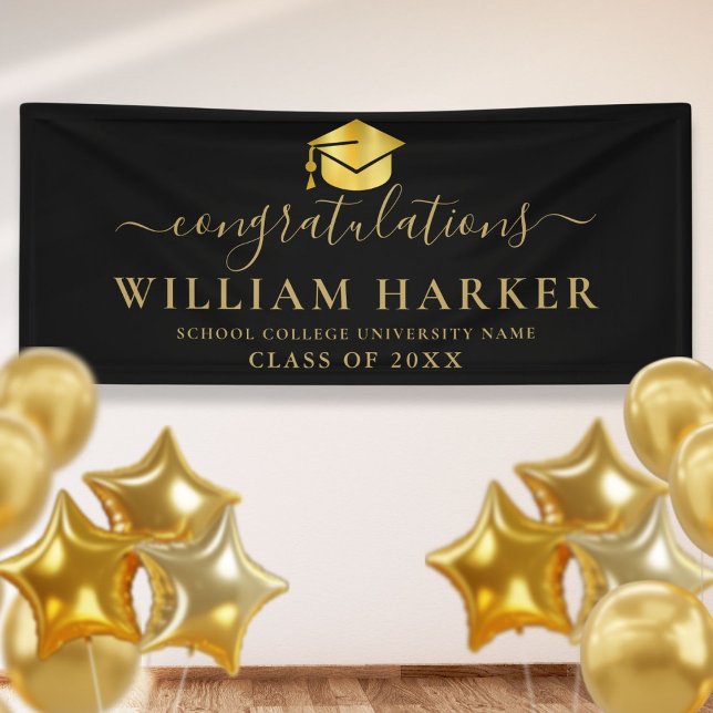 Banderoles Diplôme de style élégant moderne noir et or (Elegant Modern Black And Gold Script Graduation Banner)