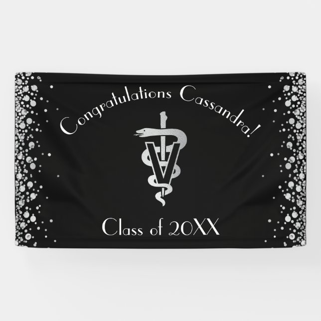 Banderoles Diplômé Vétérinaire Noir Argent (Horizontal)