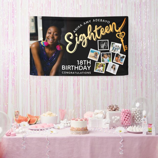 Banderoles Dix-huit photos d'or 18e anniversaire en noir (Fête)
