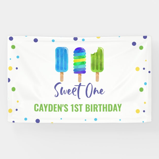 Banderoles Douce One 1er Anniversaire Glace Pop Bleu Vert (Horizontal)