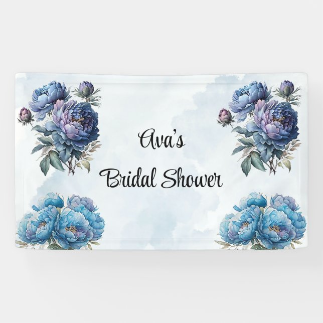 Banderoles Douche de mariage avec pivoine aquarelle bleue pou (Horizontal)