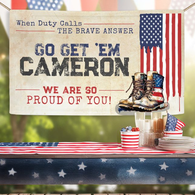 Banderoles Drapeau militaire rustique US Partir du parti d'ad (Rustic Patriotic US flag boots red white navy blue military duty going away farewell party banner)