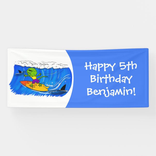 Banderoles Drôle caricature de surf de lézard au cou (Horizontal)