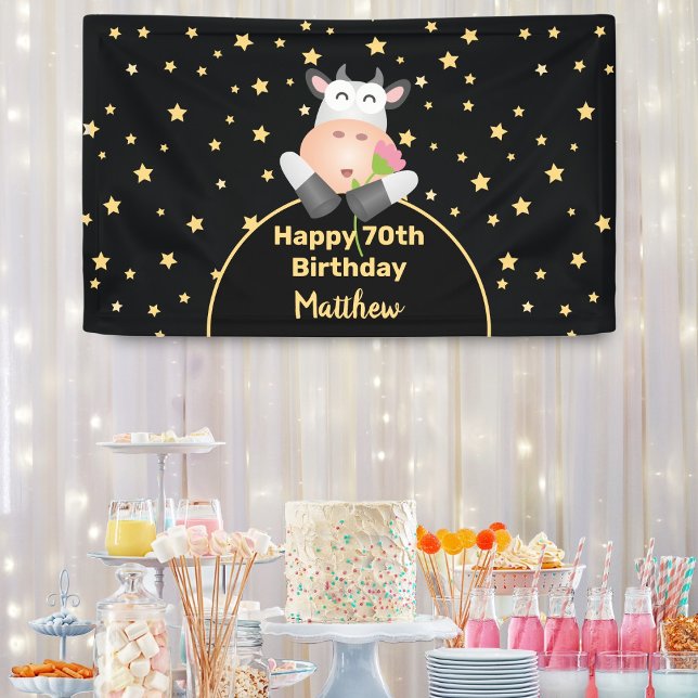 Banderoles Drôle vache caricaturale avec fleur Joyeux 70e ann (Créateur téléchargé)