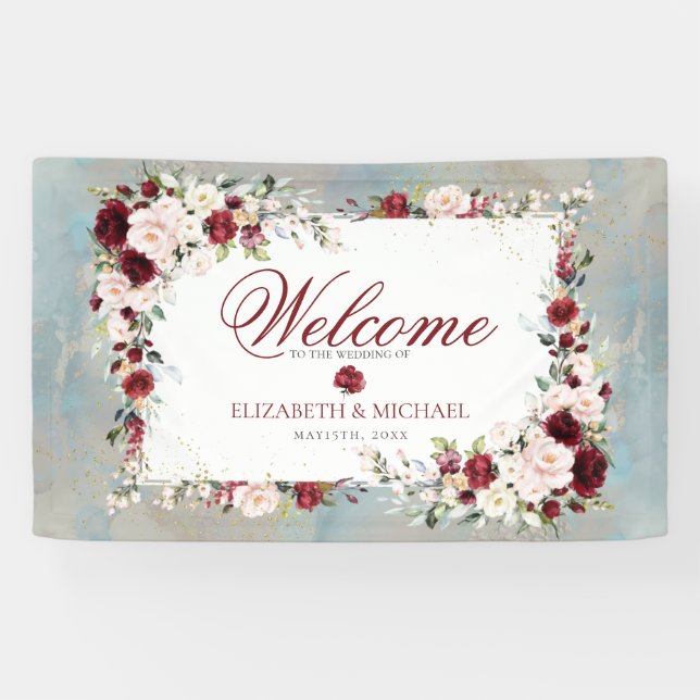 Banderoles Dusty Blue Bourgogne Blush Floral élégant mariage (Horizontal)