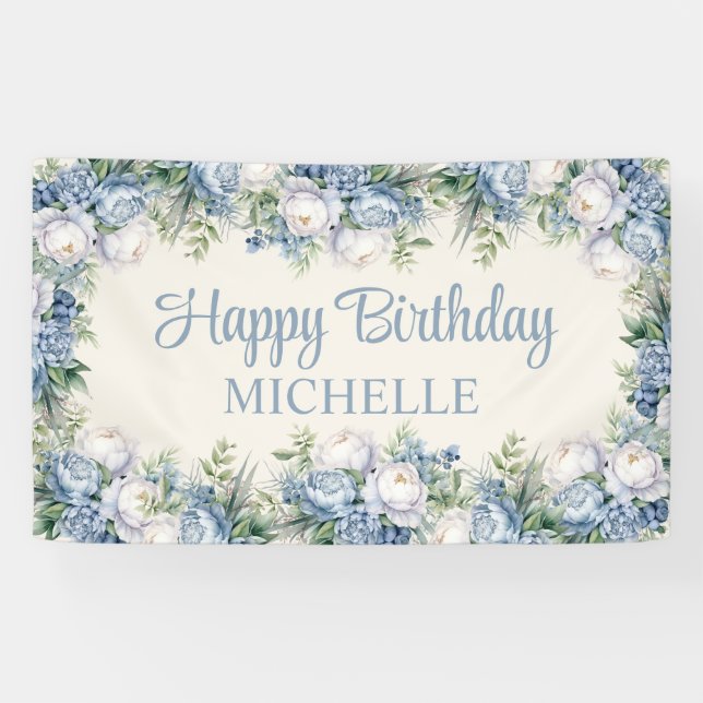 Banderoles Dusty Blue White Roses Joyeux Anniversaire Script (Horizontal)