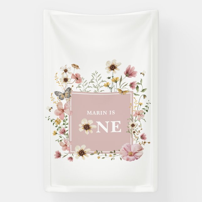 Banderoles Dusty Pink Wildflower Butterfly 1st Birthday (Verticale)