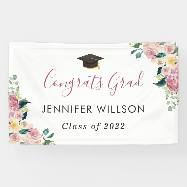 Banderoles Dusty Rose Floral Congrats Grad Grad Grad Graduati (Horizontal)