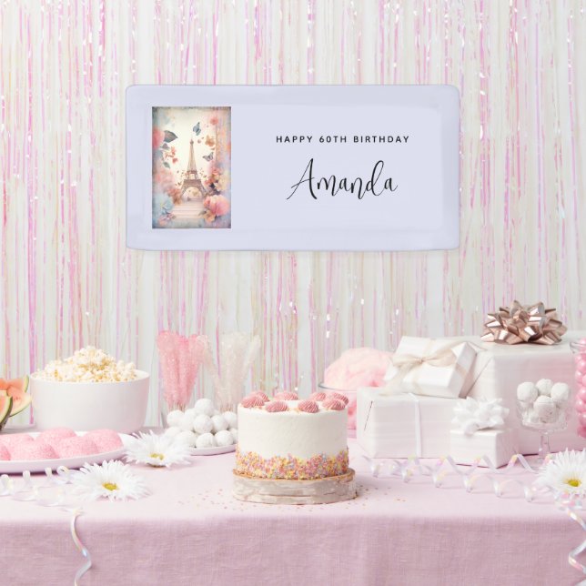 Banderoles Eiffel Tower Butterflies and Flowers Birthday (Fête)