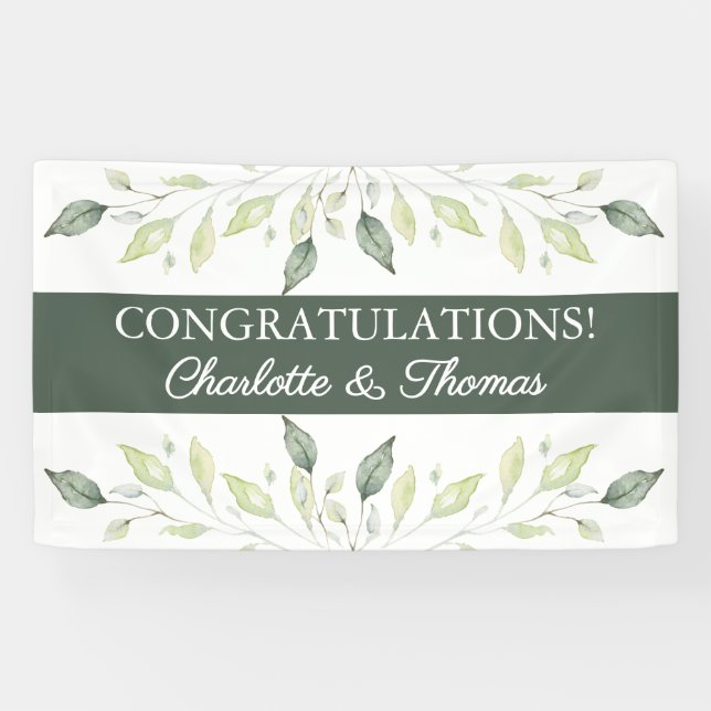 Banderoles Elégant Aquarelle douce Mariage Feuille vert (Horizontal)