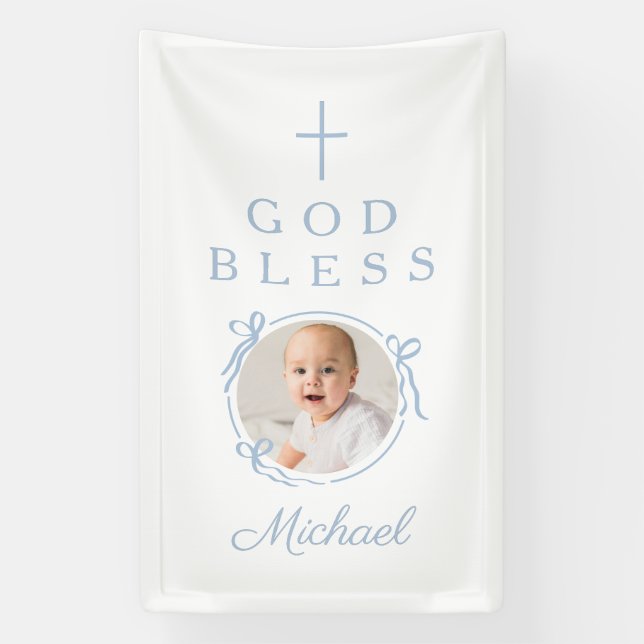 Banderoles Elegant Baby Blue Boy God Bless Photo (Verticale)