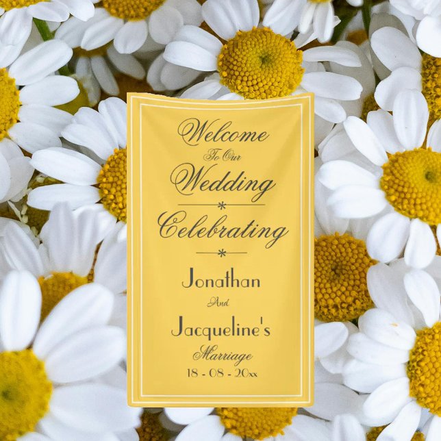 Banderoles Élégant bandeau de bienvenue du Mariage jaune (Beautiful sunny yellow 'Welcome to our Wedding' backdrop banner. Chic script. Perfect for pictures.)