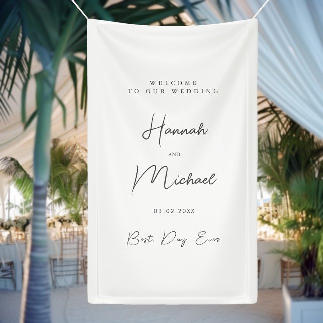 Banderoles Élégant, blanc, Mariage minimal ("Welcome & Best Day Ever" Elegant, White, Minimal Wedding Banner with your name & Date.)