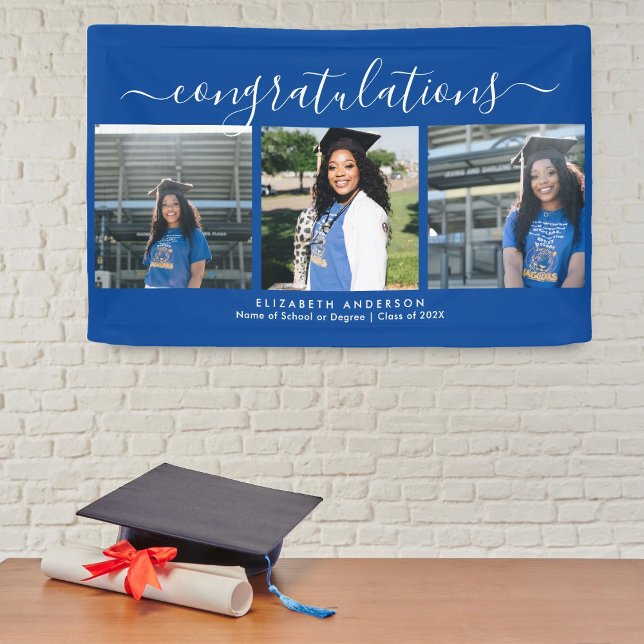 Banderoles Élégant Bleu et Blanc Script Graduation Photo (Créateur téléchargé)
