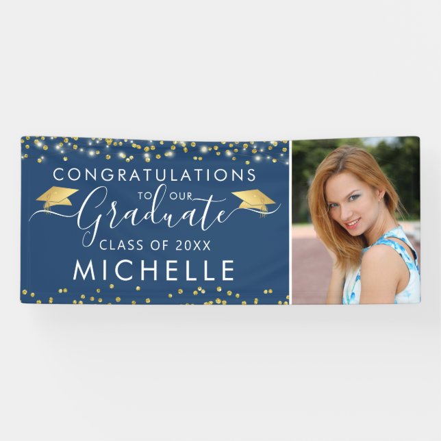 Banderoles Élégant Bleu Gold Script Photo Graduation (Horizontal)