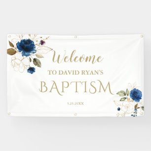 Banderoles Elégant Blue Floral Gold Boy Affiche de bienvenue 
