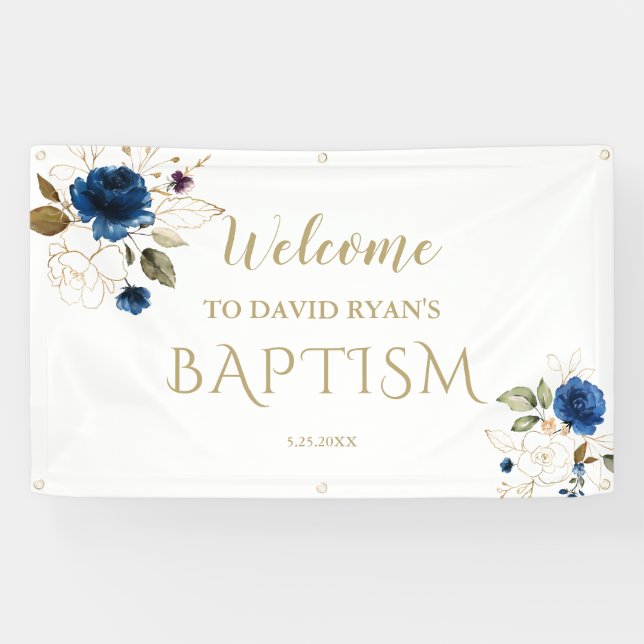 Banderoles Elégant Blue Floral Gold Boy Affiche de bienvenue  (Horizontal)
