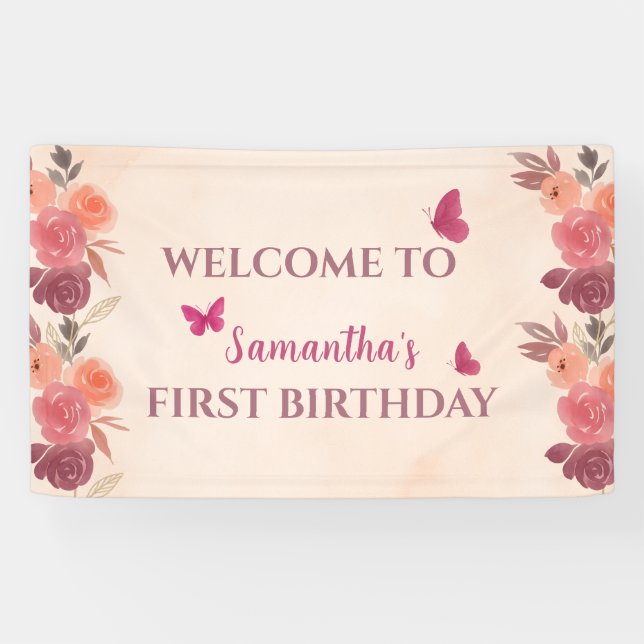 Banderoles Elegant Blush Pink Floral Butterrfly 1st Birthday  (Horizontal)