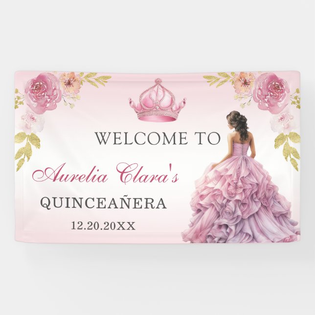 Banderoles Elégant Blush rose Floral Quinceañera Anniversaire (Horizontal)