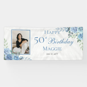 Banderoles Elégant cadre Floral Rose bleu 50ème anniversaire 
