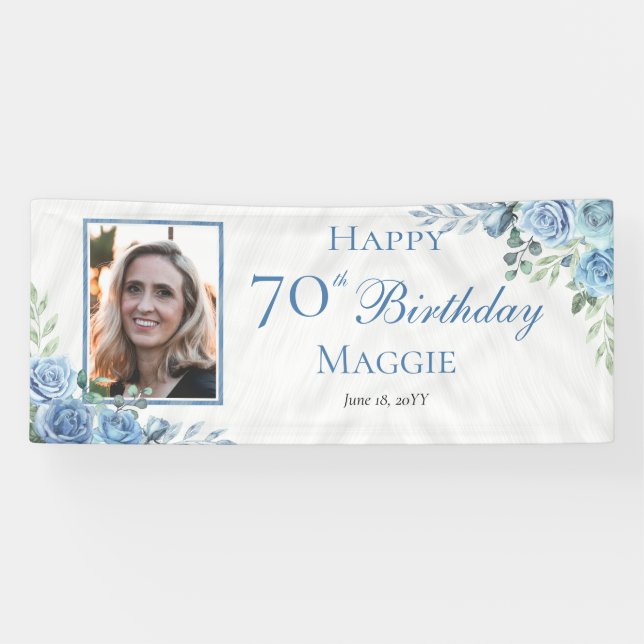 Banderoles Elégant cadre Floral Rose bleu 70e fête d'annivers (Horizontal)