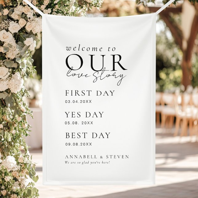 Banderoles Élégant, classique, blanc, BIENVENUE À NOTRE HISTO (Elegant, Classic, White, WELCOME TO OUR LOVE STORY Banner with your name and dates.)