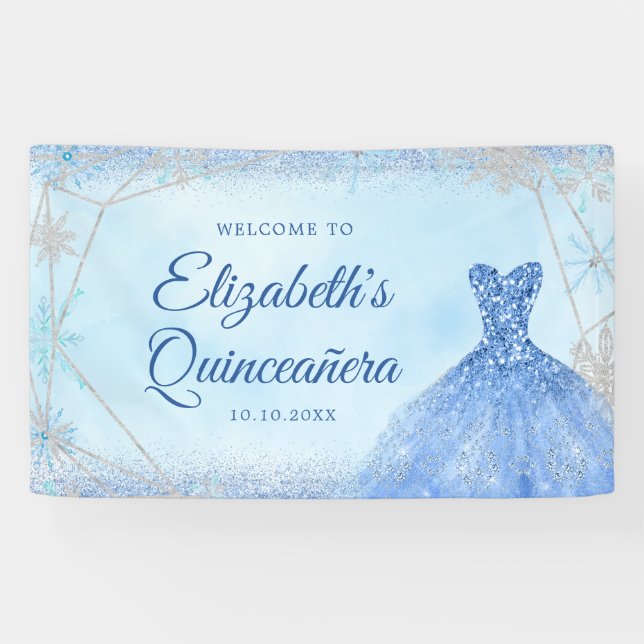 Banderoles Elégant Dusty Blue Winter Snowflake Quinceañera (Horizontal)