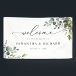 Banderoles Elégant Eucalyptus Mariage de verdure Bienvenue<br><div class="desc">Conçu pour s'harmoniser avec notre collection Boho Greenery mariage,  ce panneau d'accueil personnalisable est doté d'une aquarelle,  d'eucalyptus et d'un feuillage feuillu. Il a été associé à une élégante calligraphie et à une police serif en noir. Éléments correspondants disponibles.</div>