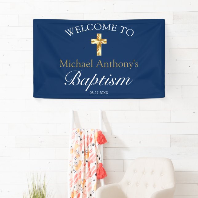Banderoles Elegant Gold Navy Baby Baptism Bienvenue (En situation)