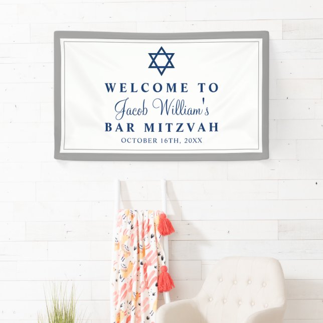 Banderoles Elegant Grey et Navy Blue Bar Mitzvah Bienvenue (En situation)