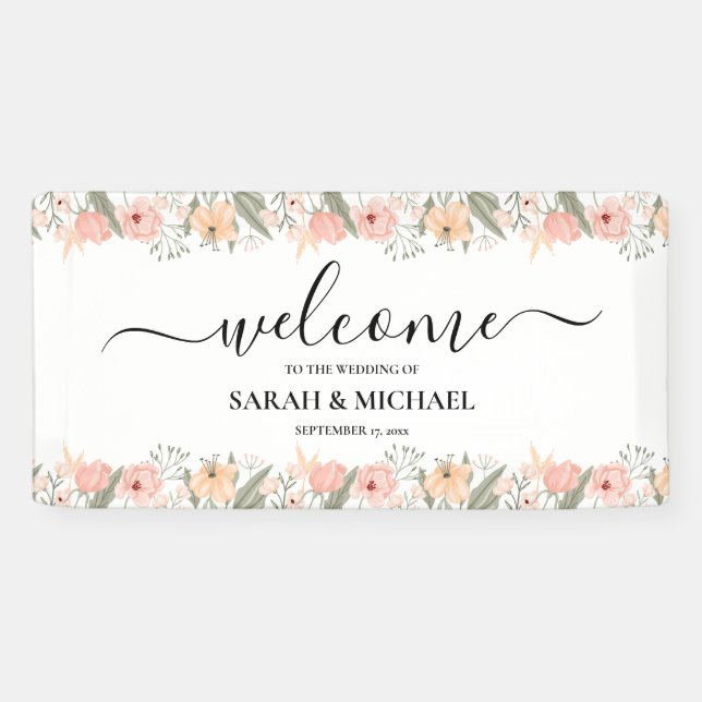 Banderoles Elégant Mariage Floral Bienvenue (Horizontal)