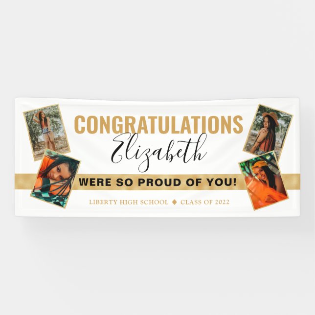 Banderoles Elégant moderne White Gold Photo Collage Graduatio (Horizontal)