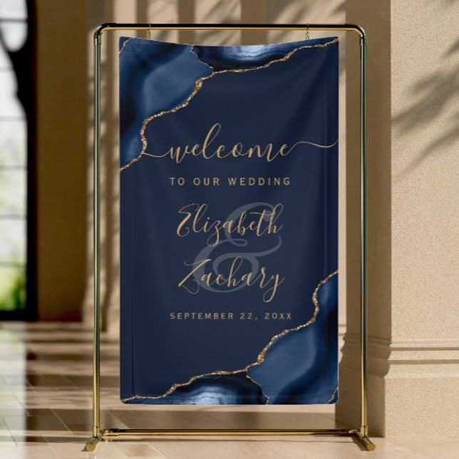 Banderoles Elegant Navy Blue Gold Agate Wedding Welcome (Créateur téléchargé)