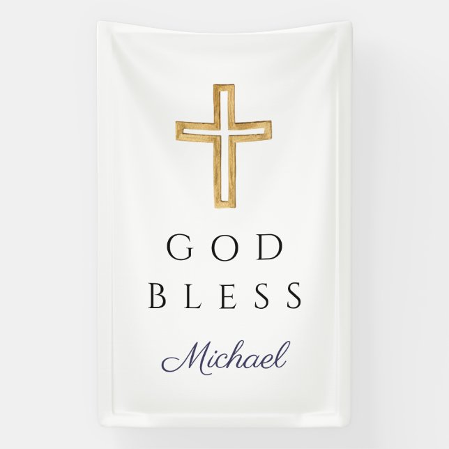 Banderoles Elegant Navy Blue Script Religious Boy God Bless (Verticale)