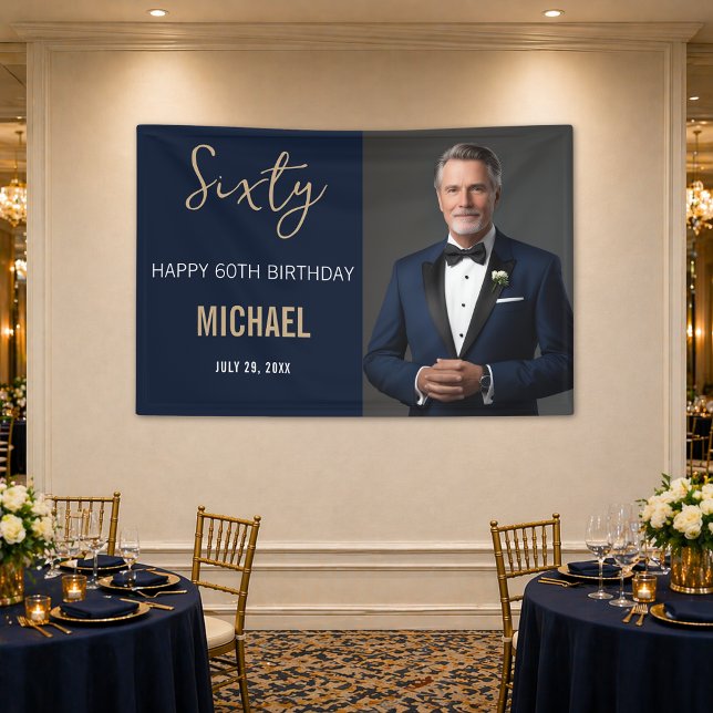 Banderoles Elégant Navy Or 60e Anniversaire (Elegant navy and gold 60th birthday banner with photo for a classy and memorable celebration.)