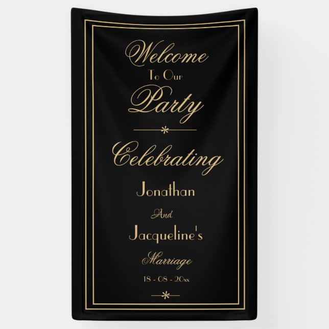 Banderoles Elégant noir & or Script Mariage chic Bienvenue (Vertical)