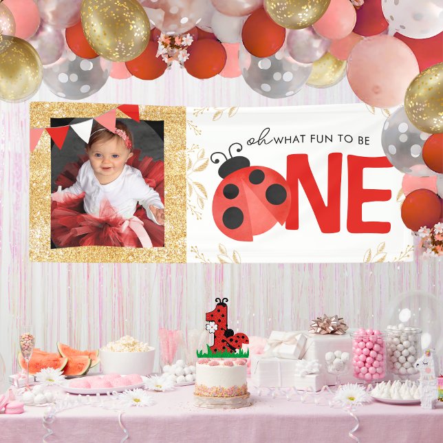 Banderoles Elégant or aquarelle Ladybug ONE Photo Party (Oh What Fun to Be ONE Watercolor Ladybug Hanging Photo Birthday Vinyl Banner with Gold Accents)
