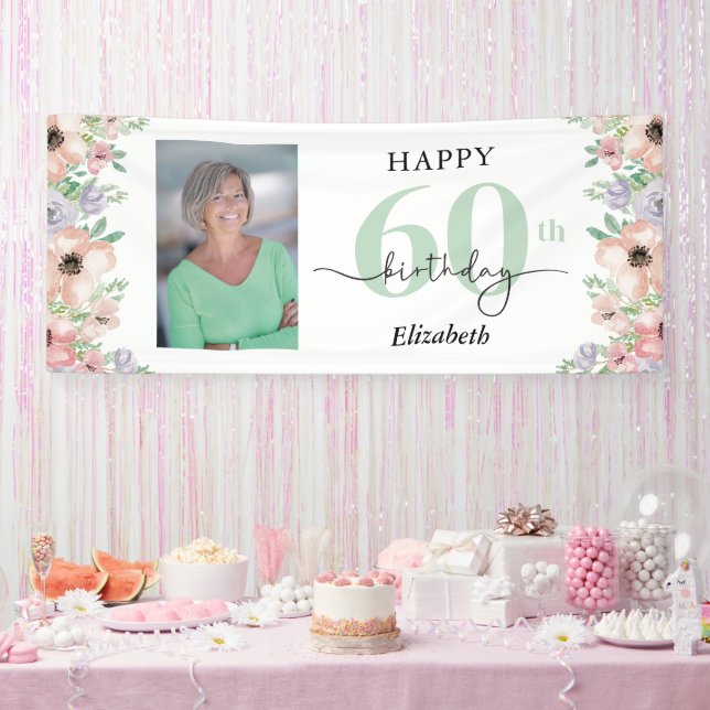 Banderoles Elegant Pastel Floral 60th Birthday Party Photo  (Fête)