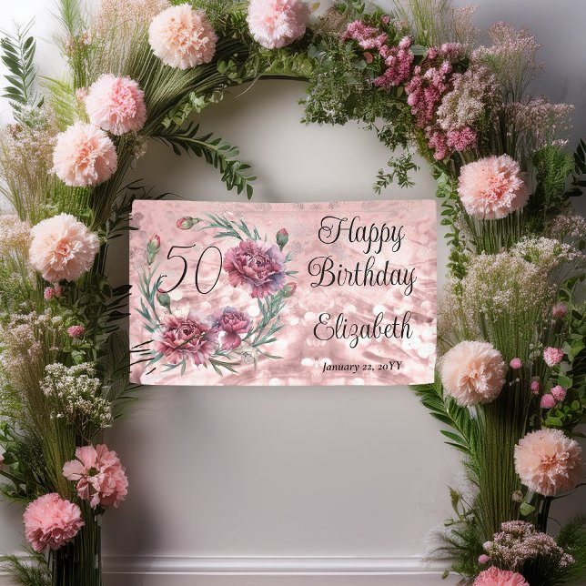 Banderoles Elegant Pink Carnations 50th Birthday Party  (Elegant Pink and Mauve Carnations 50th Birthday Party 3 ft x 5 ft Banner)