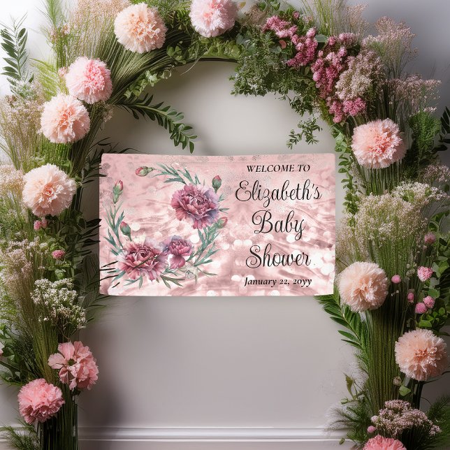 Banderoles Elegant Pink Carnations Girl Baby Shower (Elegant Pink and Mauve Carnations Girl Baby Shower 3 ft x 5 ft Banner)