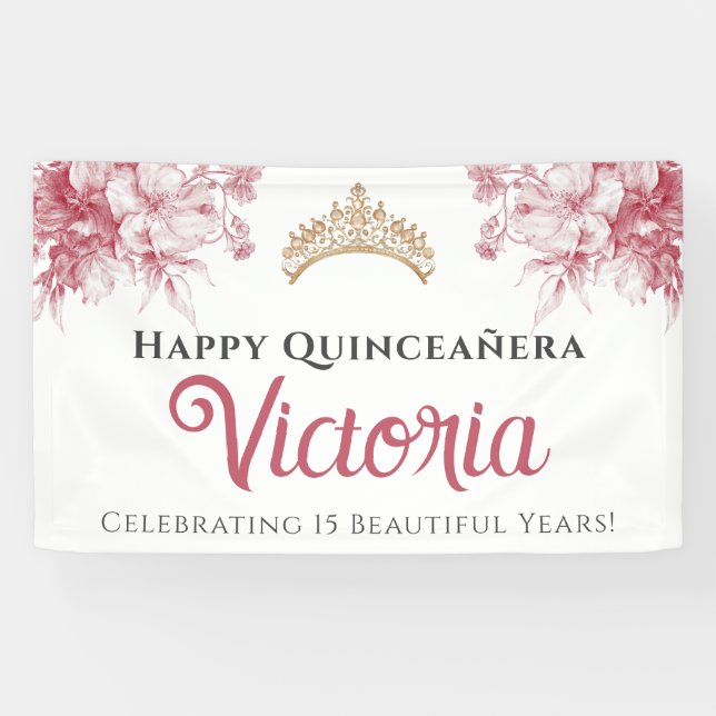 Banderoles Elegant Pink Floral Happy Birthday Quinceañera (Horizontal)