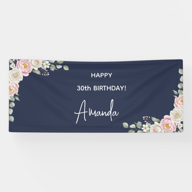 Banderoles Elegant Pink Floral Personalized Birthday Banner (Horizontal)