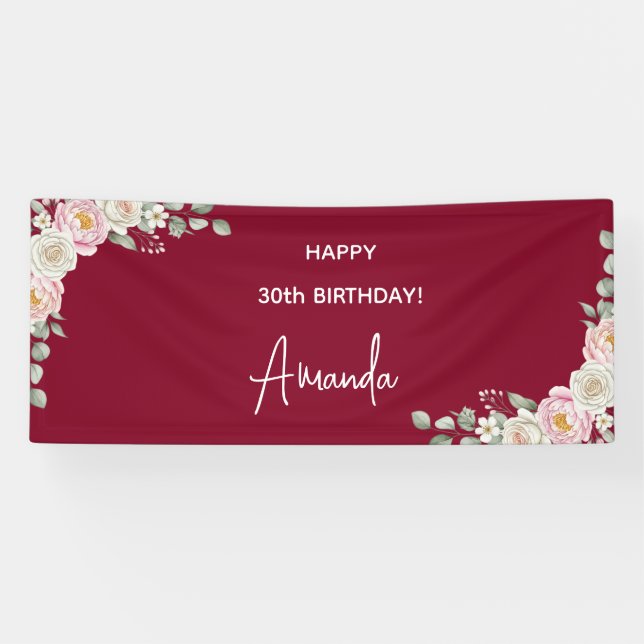 Banderoles Elegant Pink Floral Personalized Birthday Banner (Horizontal)