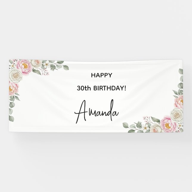 Banderoles Elegant Pink Floral Personalized Birthday Banner (Horizontal)