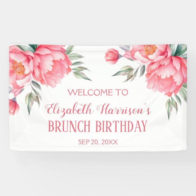 Banderoles Elégant Pink Peony Botanical Brunch Anniversaire (Horizontal)