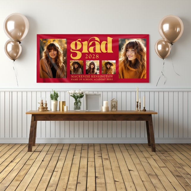 Banderoles Élégant Red Gold Graduation moderne Collage photo (Modern Elegant Red Gold Graduation Photo Collage Banner)