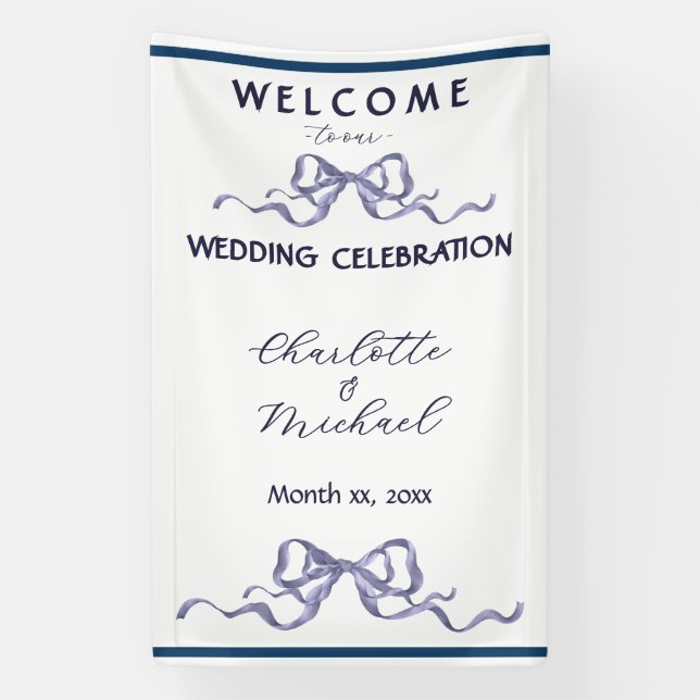 Banderoles Elegant Ribbon & Bow Romantic Wedding Navy Banner (Verticale)