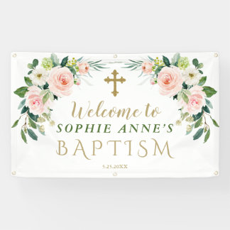 Banderoles Élégant rose Fleurs de Baptême Affiche de bienvenu